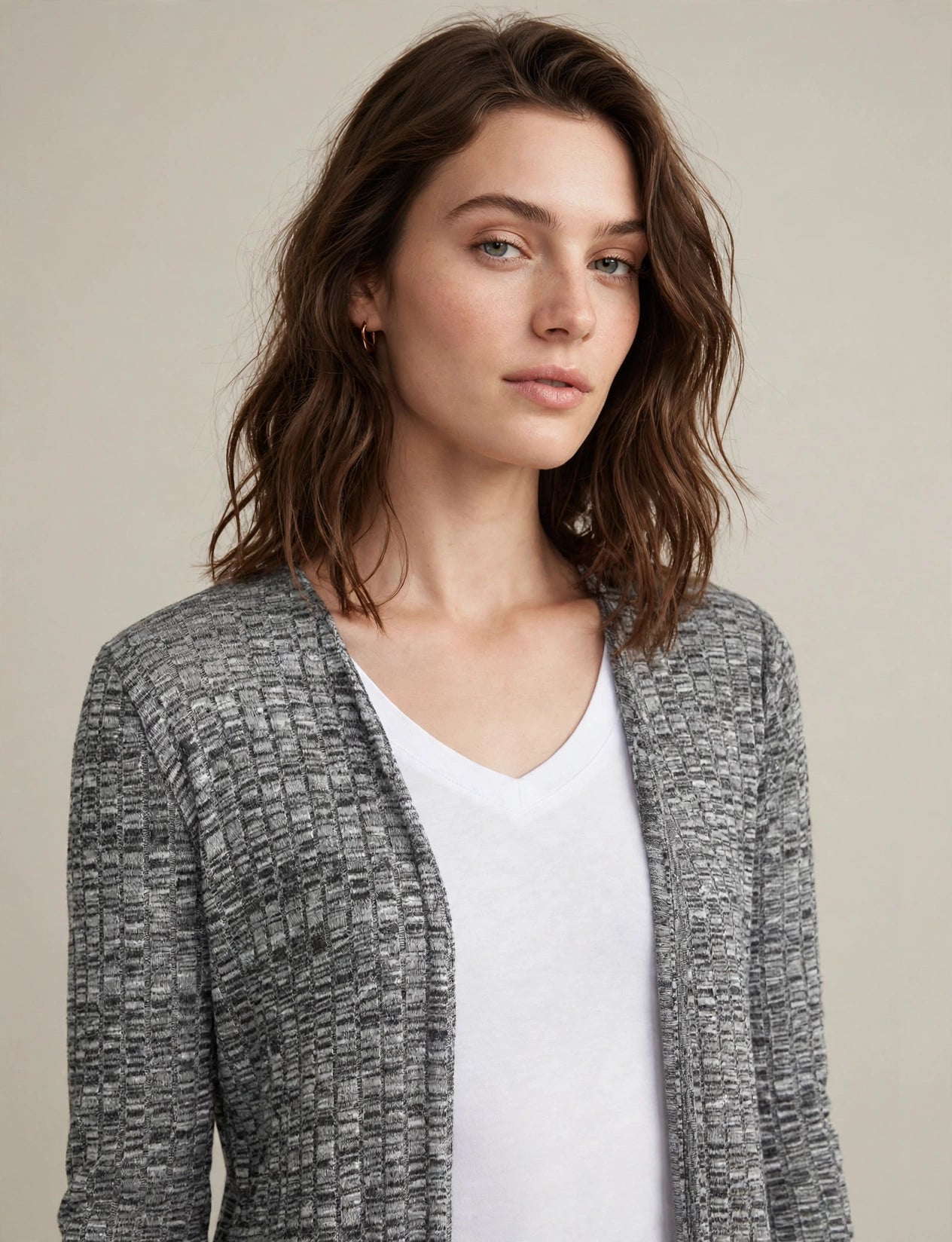 Long Sleeve Open Front Cut Tweed Cardigan Sweater