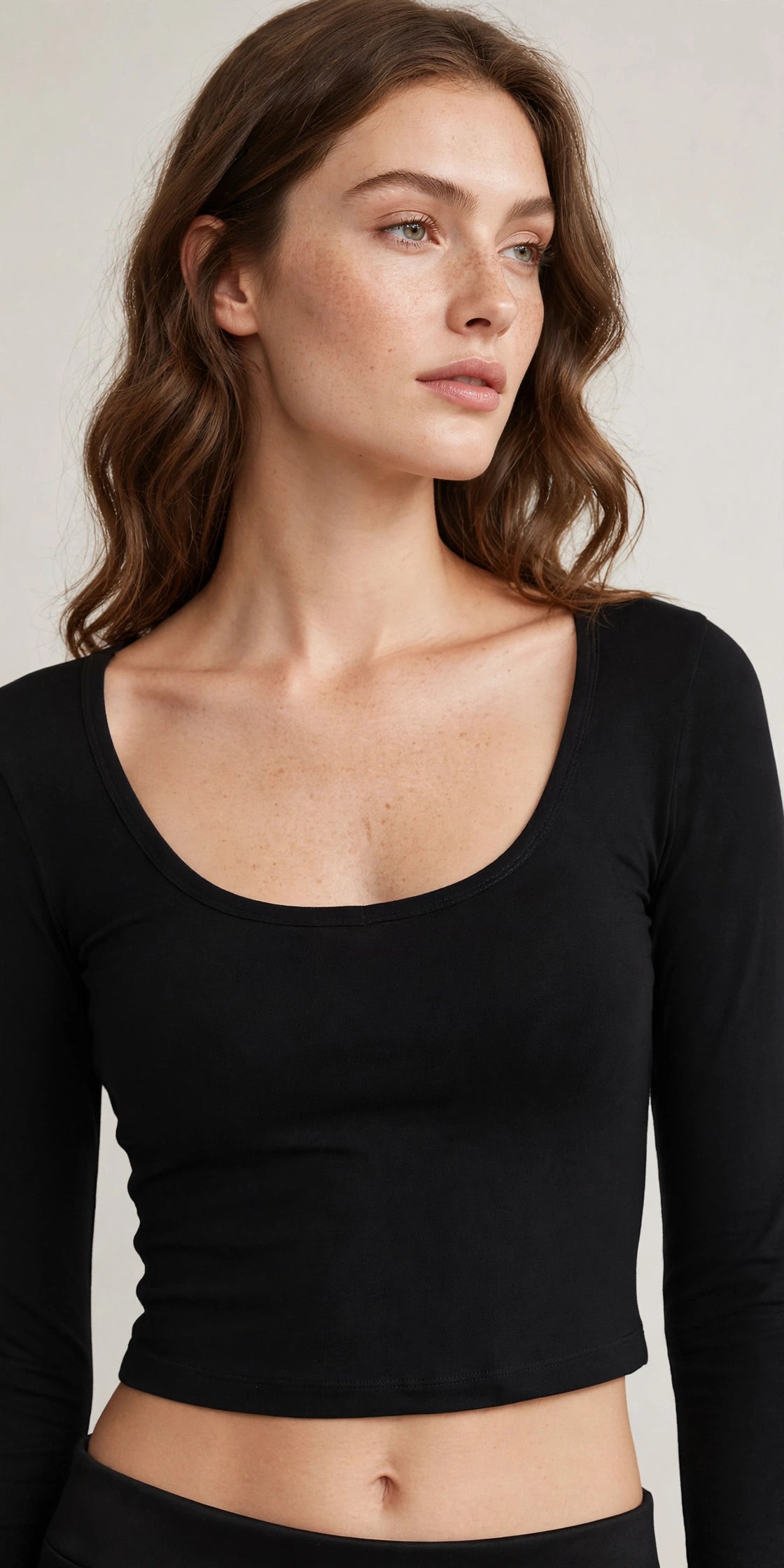 Wide Neck Long Sleeve Soft Stretch Crop Top
