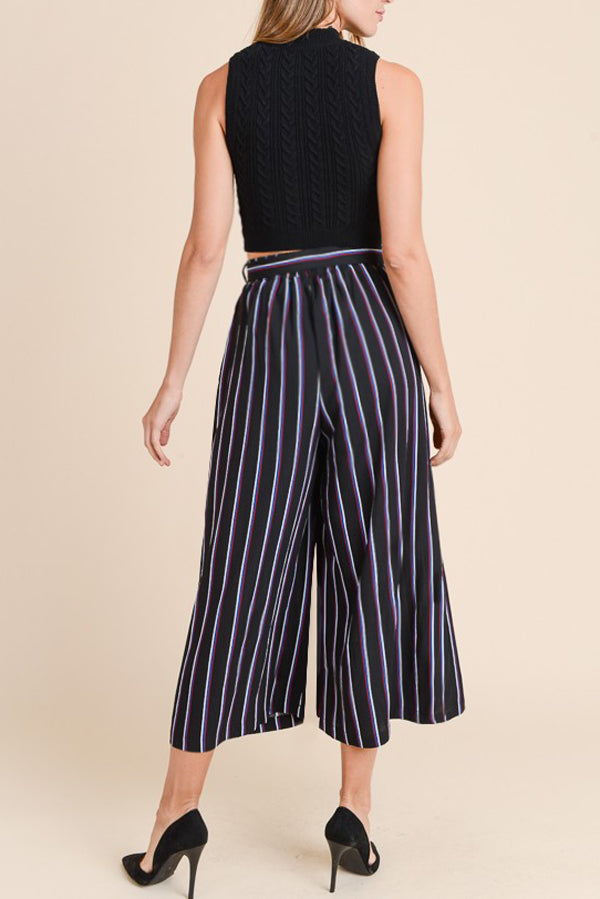 Stripe Wide Leg Paperbag Self-Tie Pants