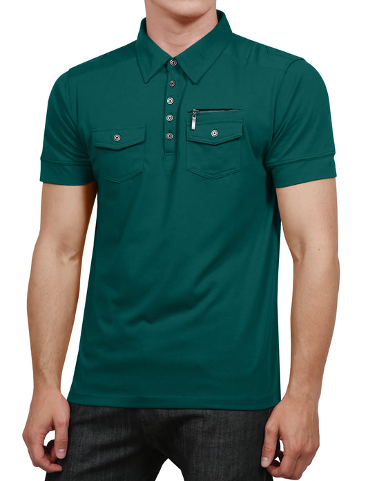 CASUAL SOLID SHORT SLEEVE DOUBLE POCKET POLO SHIRTS NEMT77