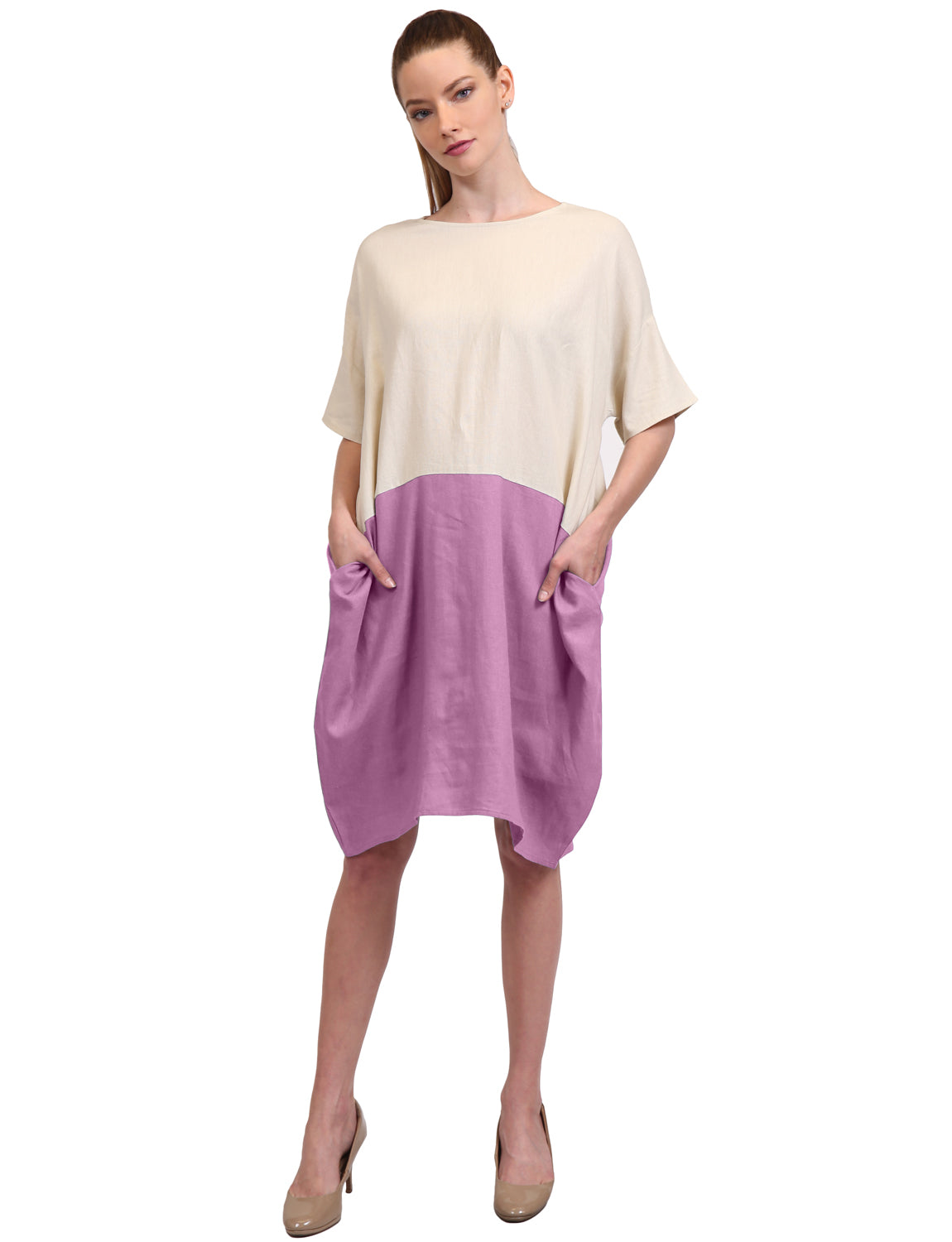 CASUAL SHORT SLEEVE BLOCK CUTE TUNIC DRESS W/POCKETS NEWDR100