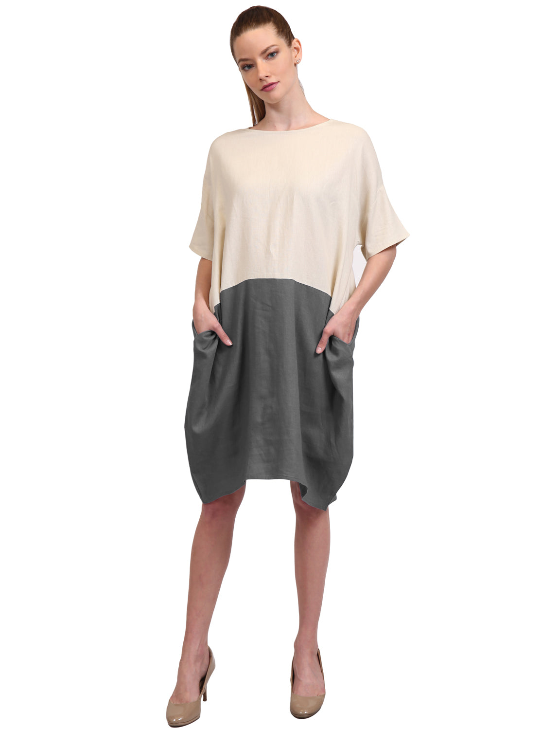 CASUAL SHORT SLEEVE BLOCK CUTE TUNIC DRESS W/POCKETS NEWDR100
