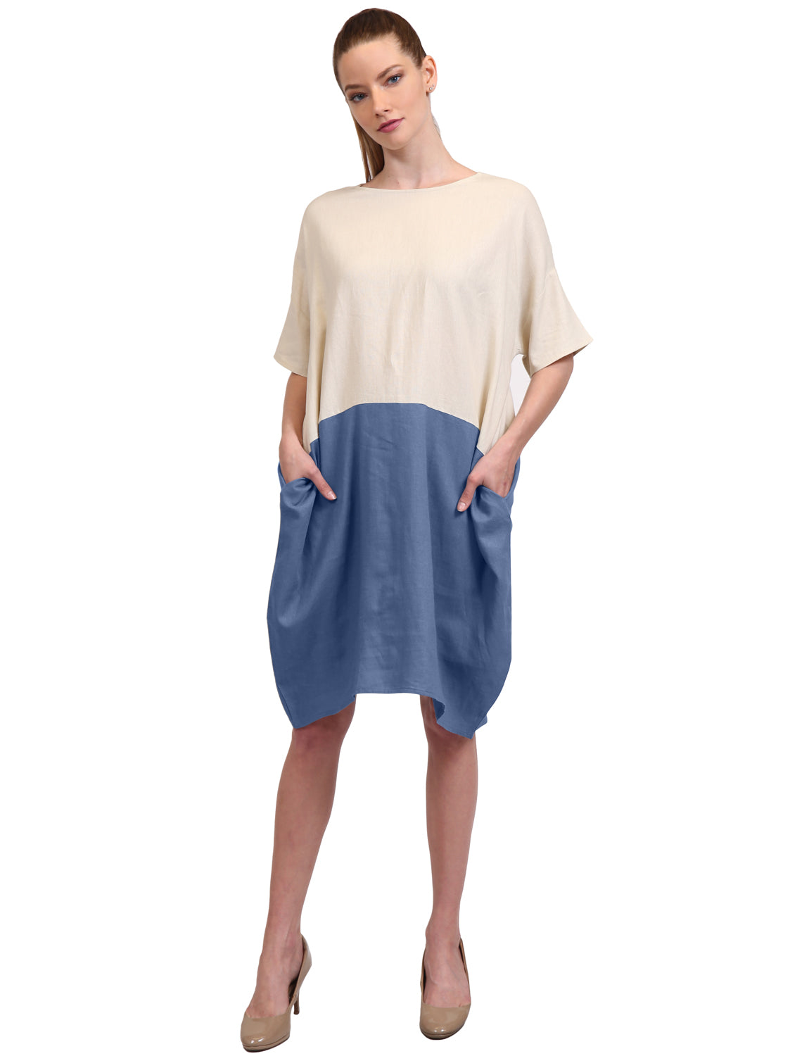 CASUAL SHORT SLEEVE BLOCK CUTE TUNIC DRESS W/POCKETS NEWDR100