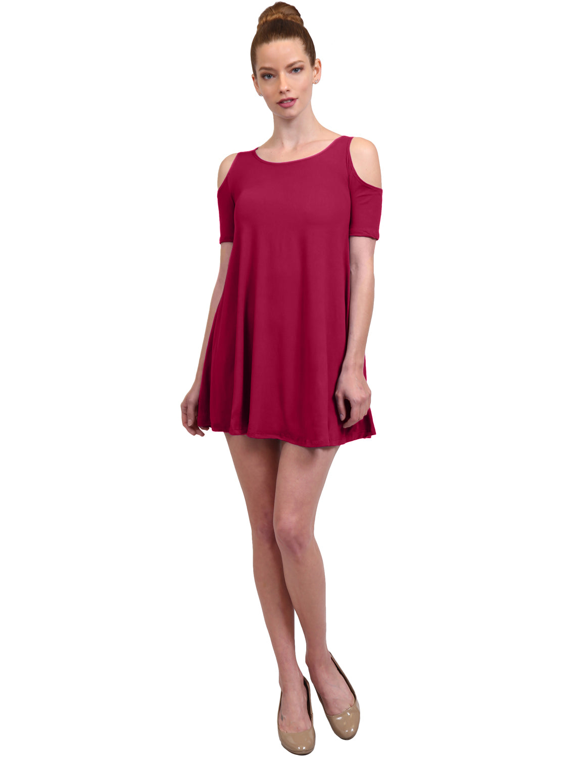 CASUAL SOLID OFF SHOULDER SHORT SLEEVE FLOWY SHIFT DRESS NEWDR115