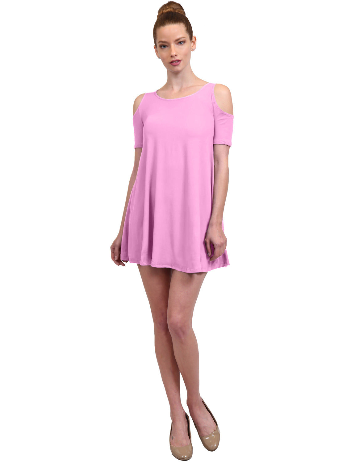 CASUAL SOLID OFF SHOULDER SHORT SLEEVE FLOWY SHIFT DRESS NEWDR115