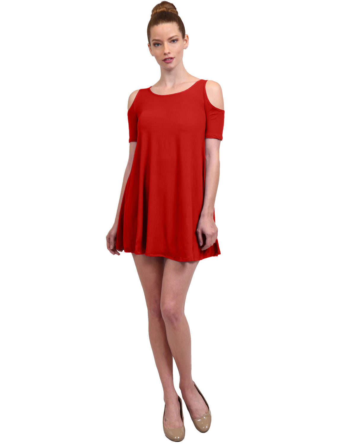 CASUAL SOLID OFF SHOULDER SHORT SLEEVE FLOWY SHIFT DRESS NEWDR115