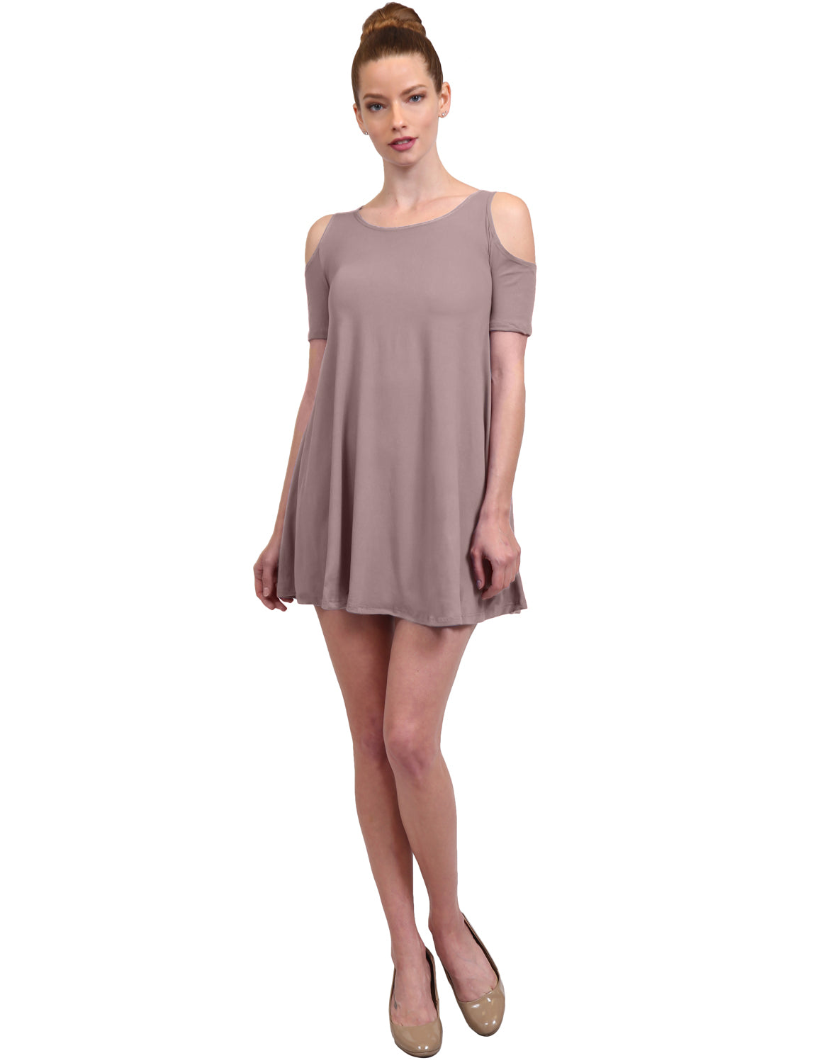 CASUAL SOLID OFF SHOULDER SHORT SLEEVE FLOWY SHIFT DRESS NEWDR115