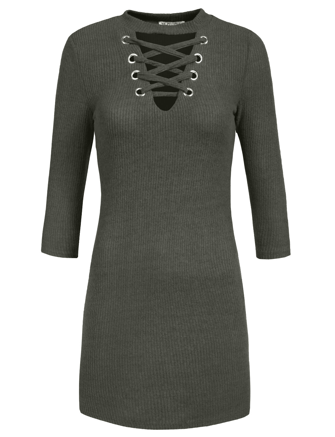 FITTED LACE UP FRONT V-NECK LONG SLEEVE KNIT SWEATER DRESS TOP NEWDR99