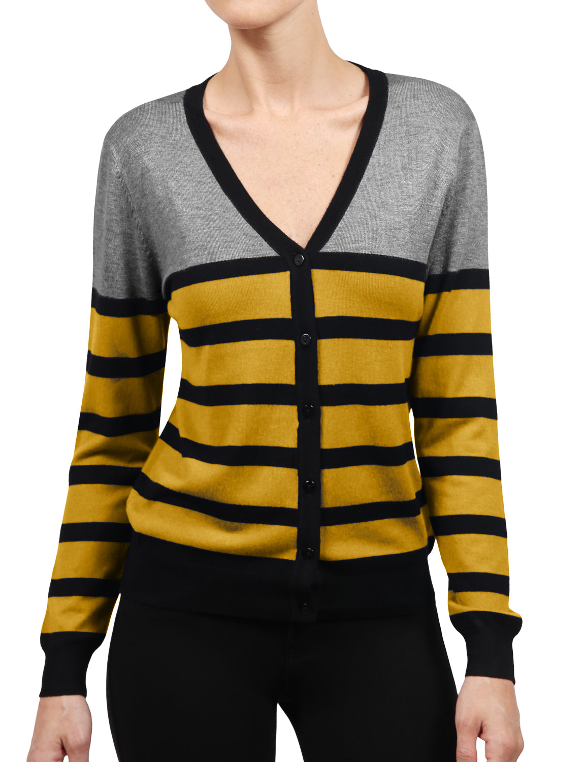 WOMEN BASIC STRIPE V-NECK BASIC LONG SLEEVE SOFT FABRIC CARDIGAN NEWJ122