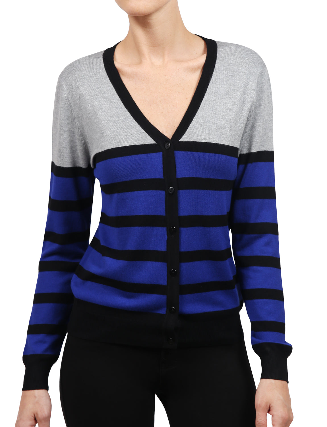 WOMEN BASIC STRIPE V-NECK BASIC LONG SLEEVE SOFT FABRIC CARDIGAN NEWJ122