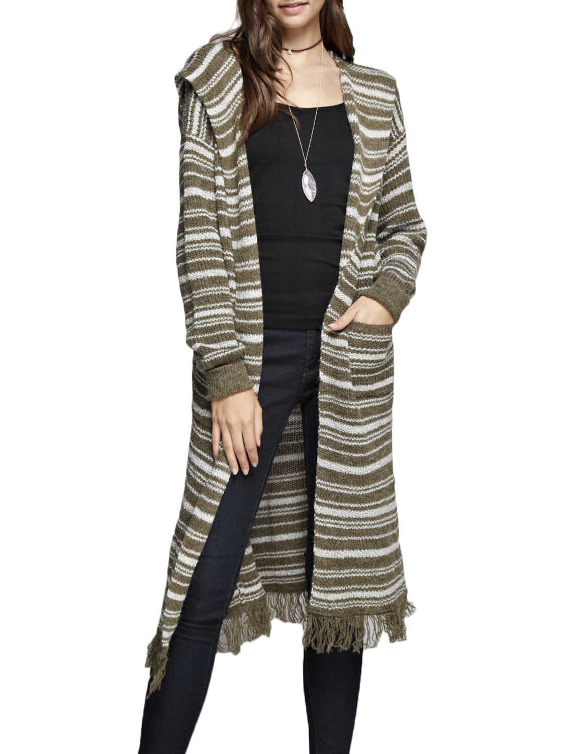 STRIPED HOODIE LIGHT WEIGHT LONG CARDIGAN NEWJ195