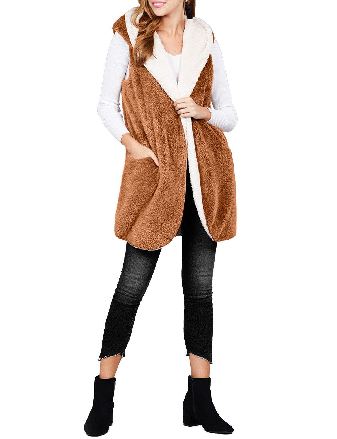 LIGHT WEIGHT SOFT FAUX FUR HOODED VEST
