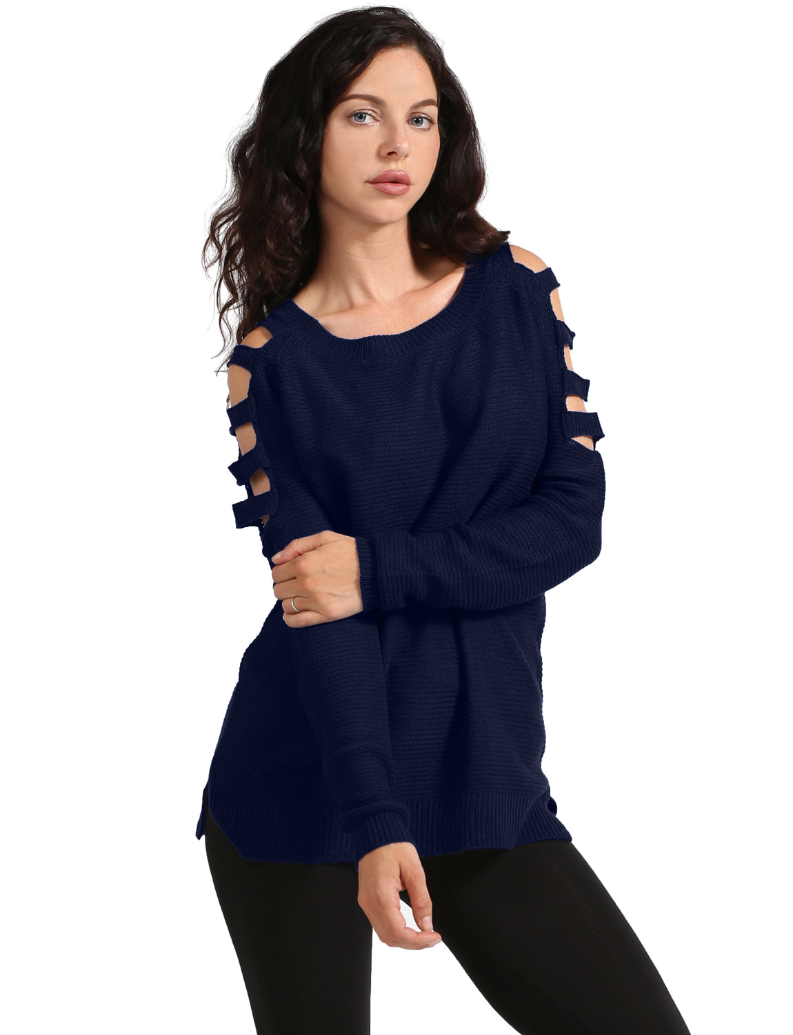 CUT OUT COLD SHOULDER LONG SLEEVE LOOSE FIT T-SHIRTSS NEWT158