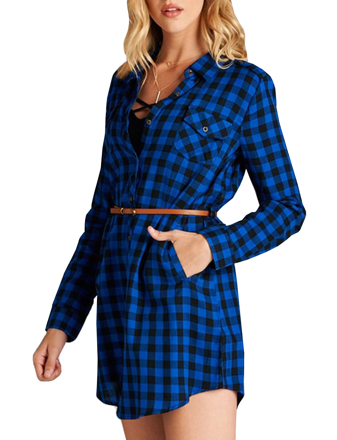 LONG SLEEVE FLANNEL CHECK PLAID SHIRTS DRESS WITH BELT NEWT289