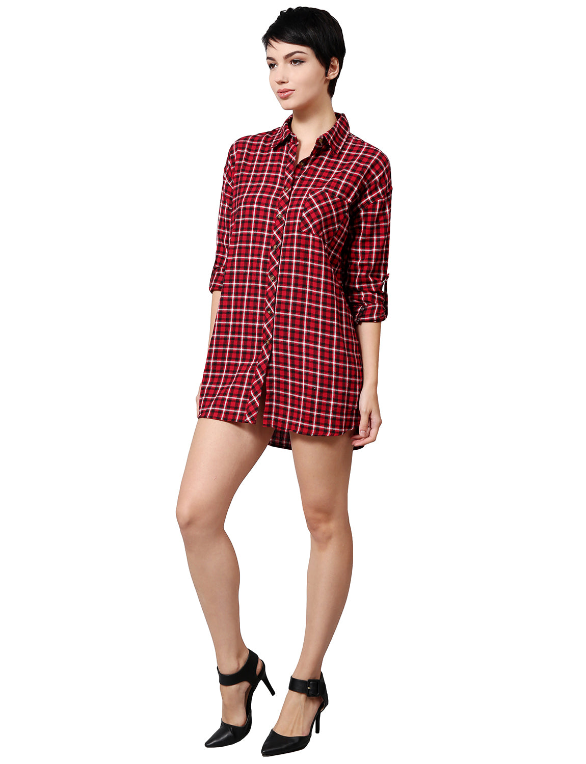3/4 ROLL UP SLEEVE PLAID BELT-SHIRTS DRESS NEWT291