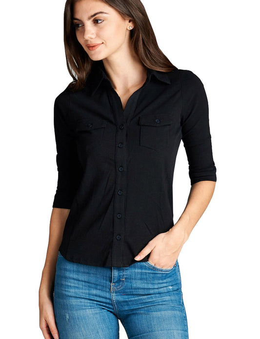 WOMEN’S COZY HALF SLEEVE BUTTON DOWN SHIRTS WITH SIDE RIB PANEL NEWT293
