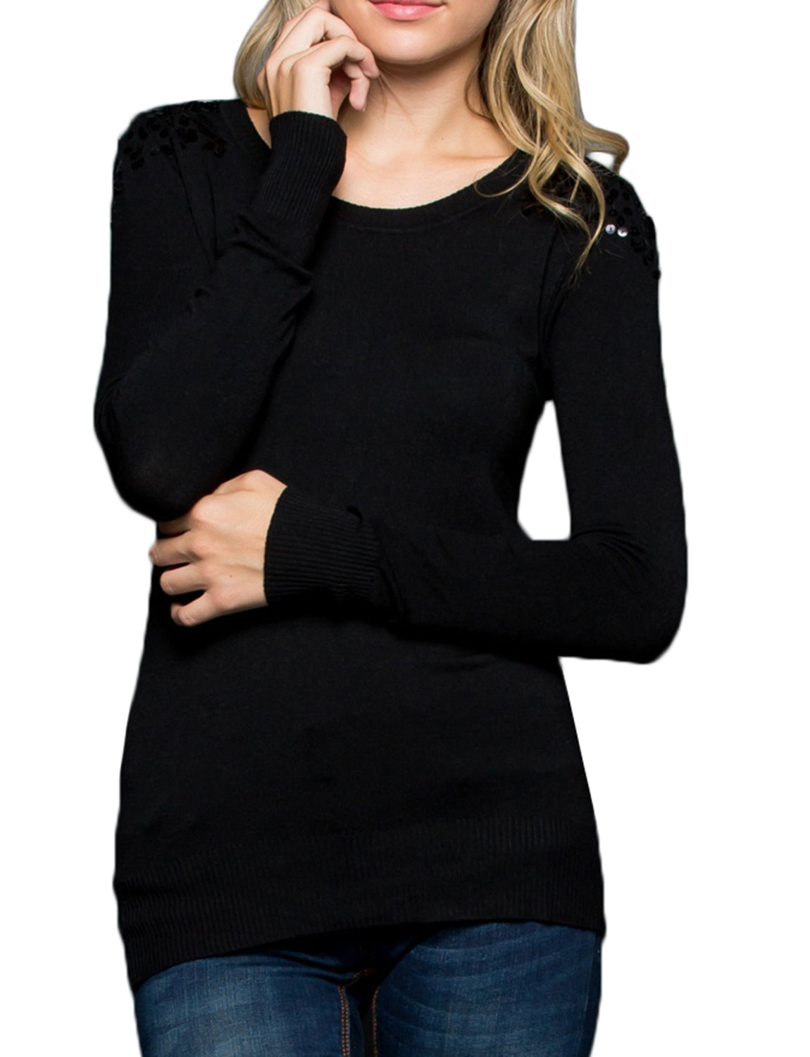 SHOULDER SEQUINED SPANGLE LONG SLEEVE SWEATER TOP NEWT307