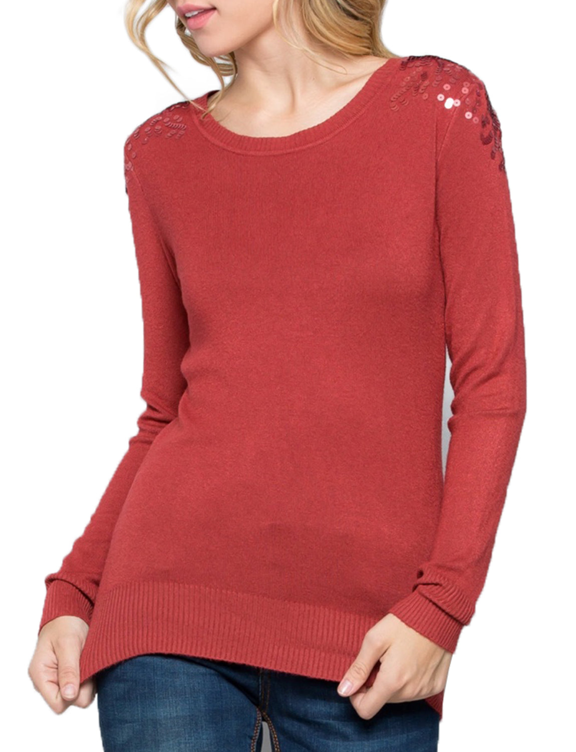 SHOULDER SEQUINED SPANGLE LONG SLEEVE SWEATER TOP NEWT307