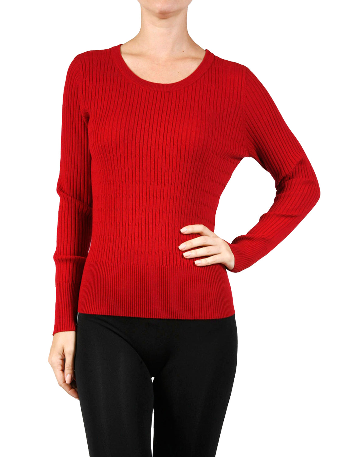 WOMEN’S LONG SLEEVE ROUND NECK CABLE KNIT SWEATER NEWT312