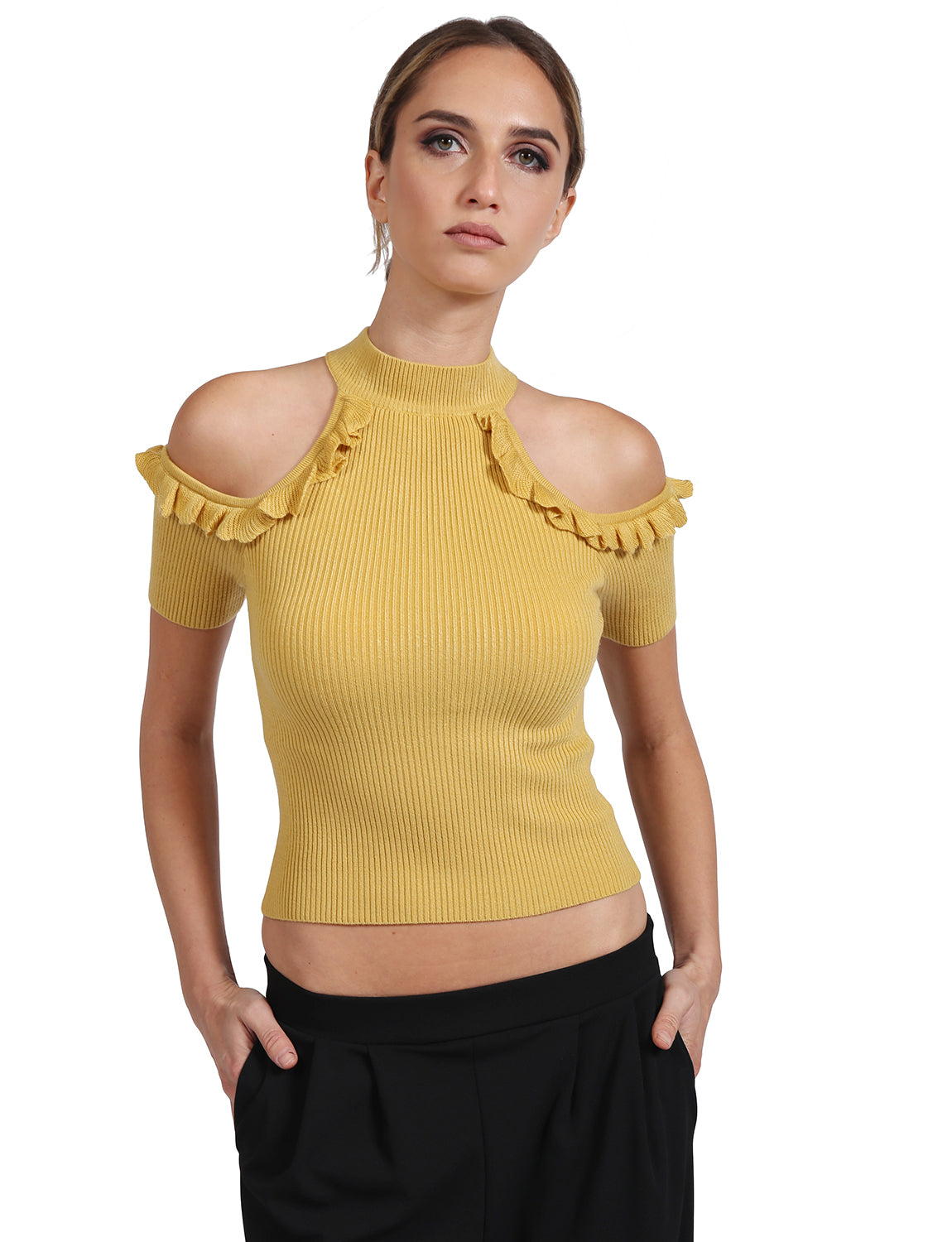 BASIC SHORT SLEEVE OPEN SHOULDER KNIT SWEATER TOP NEWT358