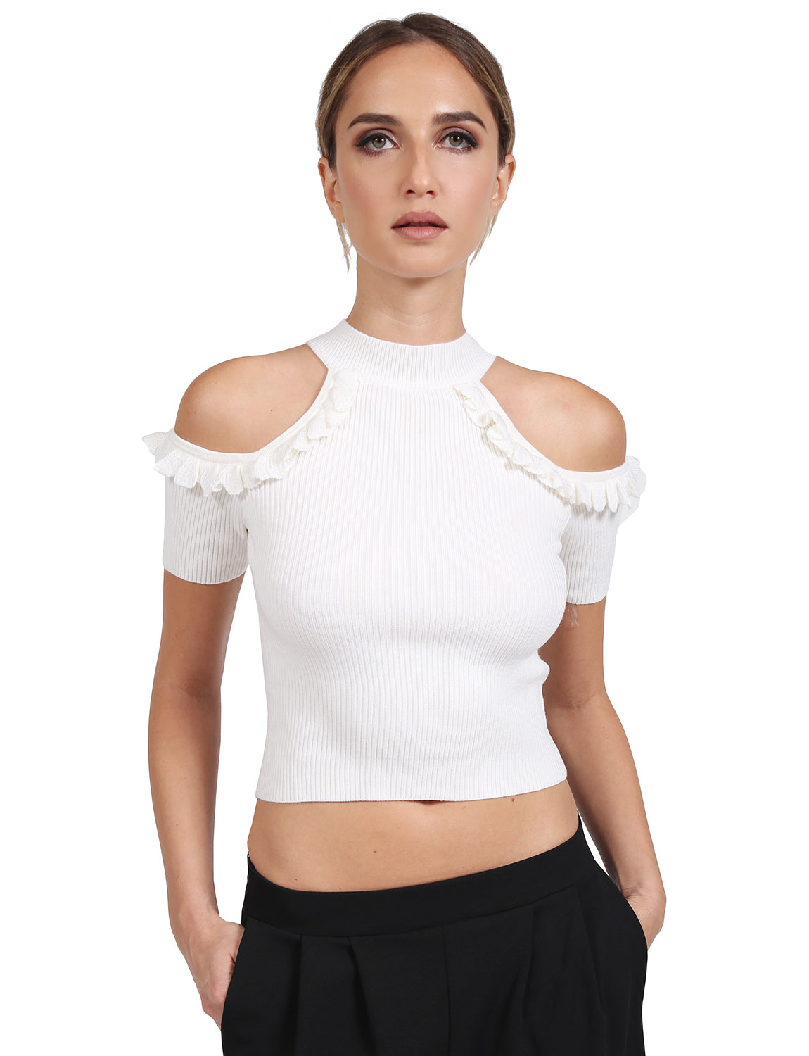 BASIC SHORT SLEEVE OPEN SHOULDER KNIT SWEATER TOP NEWT358