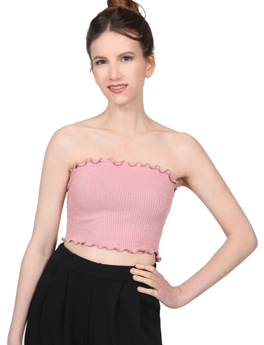 STRETCH FITTED RIBBED RUFFLE HEM SPANDEX SHIRTS CROP TUBE TOPS NEWT374