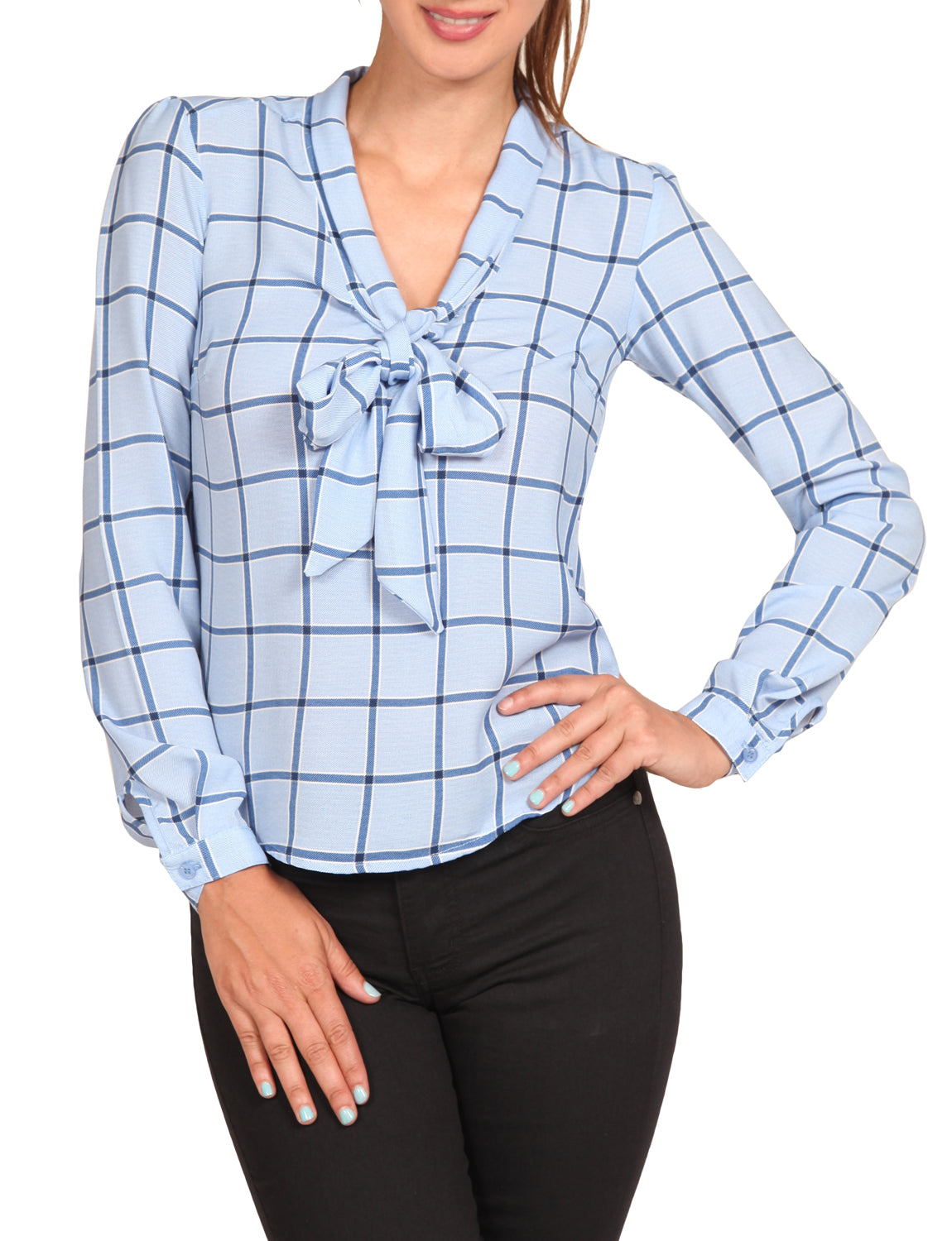 CUFFED LONG SLEEVE PLAID PRINTED FRONT TIE BOW BLOUSE SHIRTS NEWT387