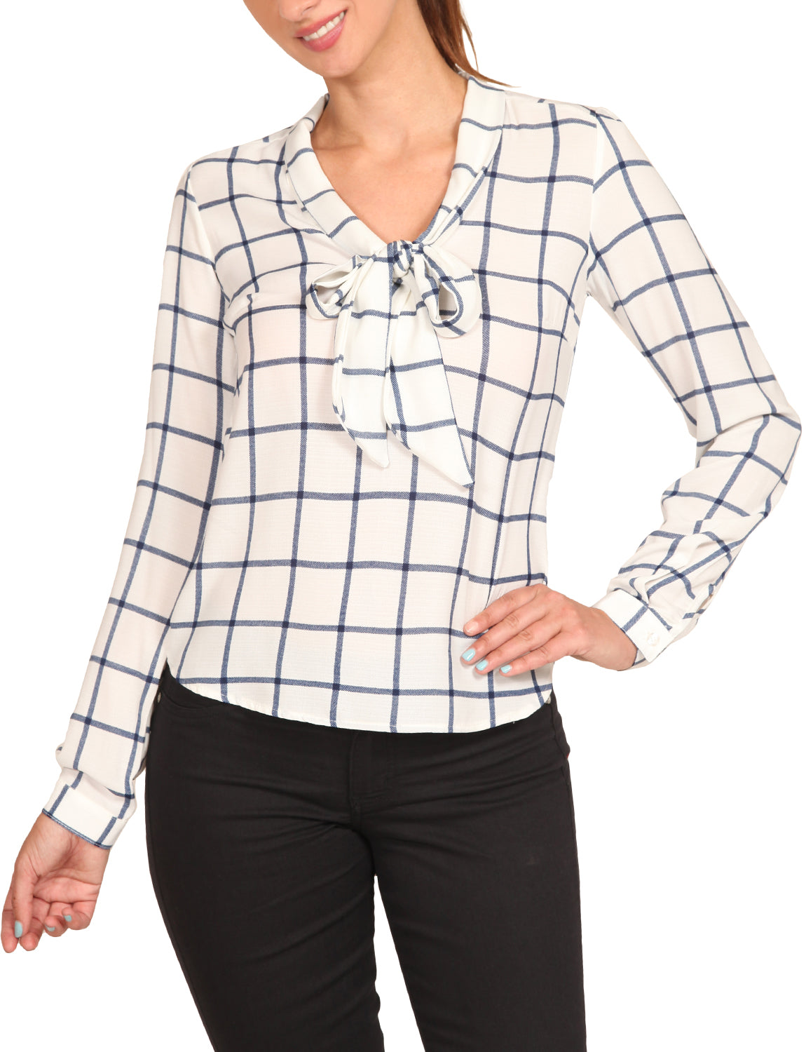 CUFFED LONG SLEEVE PLAID PRINTED FRONT TIE BOW BLOUSE SHIRTS NEWT387