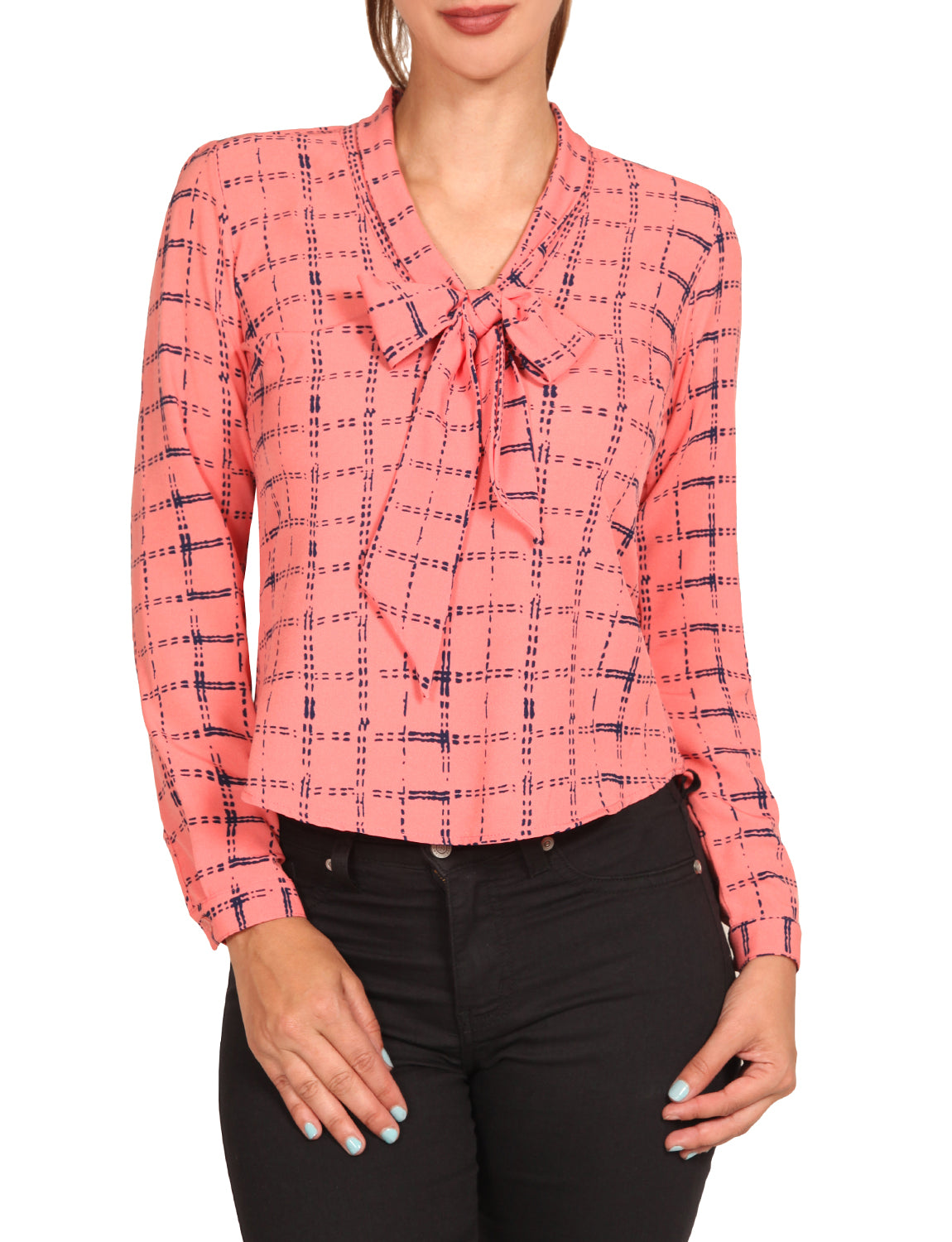 CUFFED LONG SLEEVE PLAID PRINTED FRONT TIE BOW BLOUSE SHIRTS NEWT388