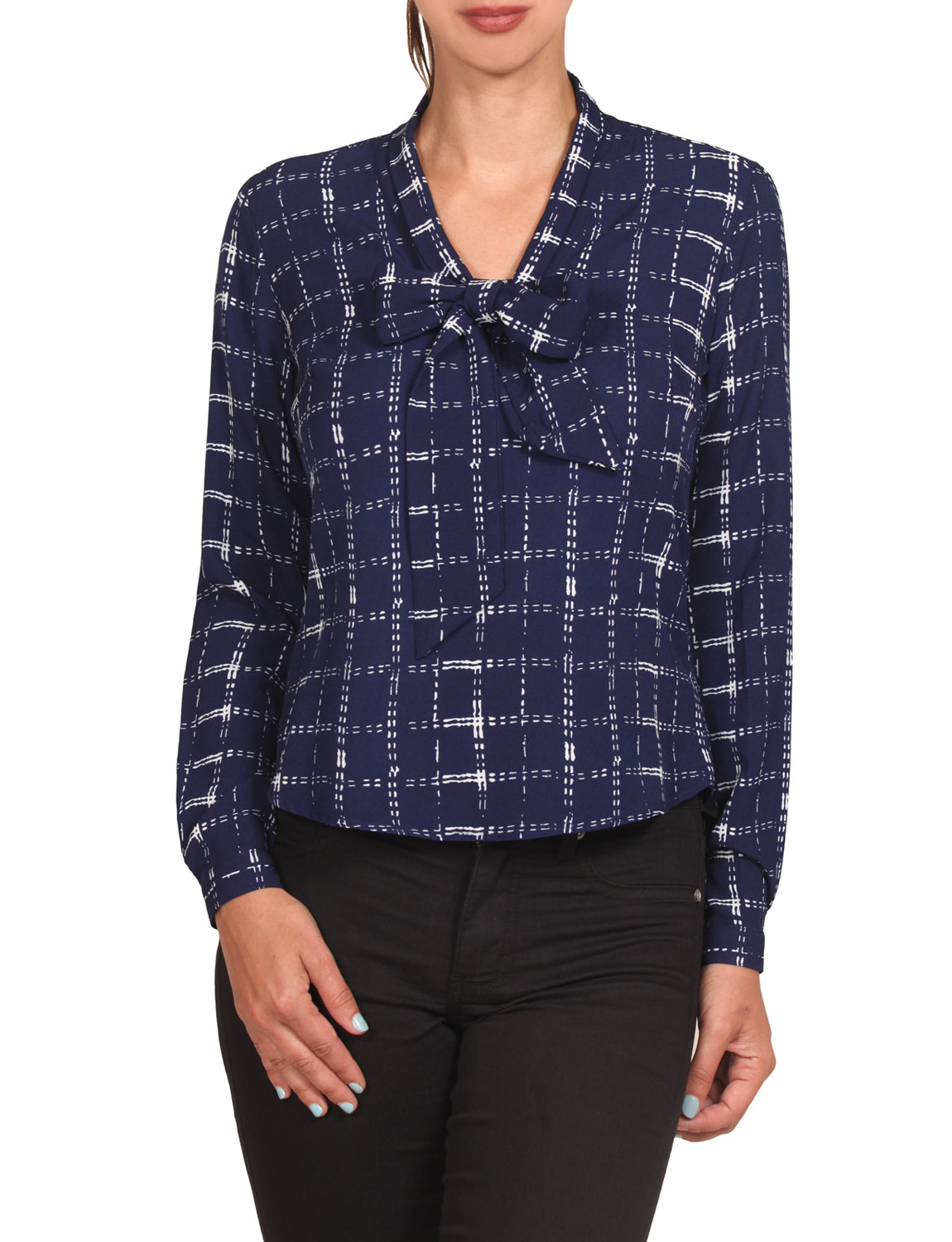 CUFFED LONG SLEEVE PLAID PRINTED FRONT TIE BOW BLOUSE SHIRTS NEWT388