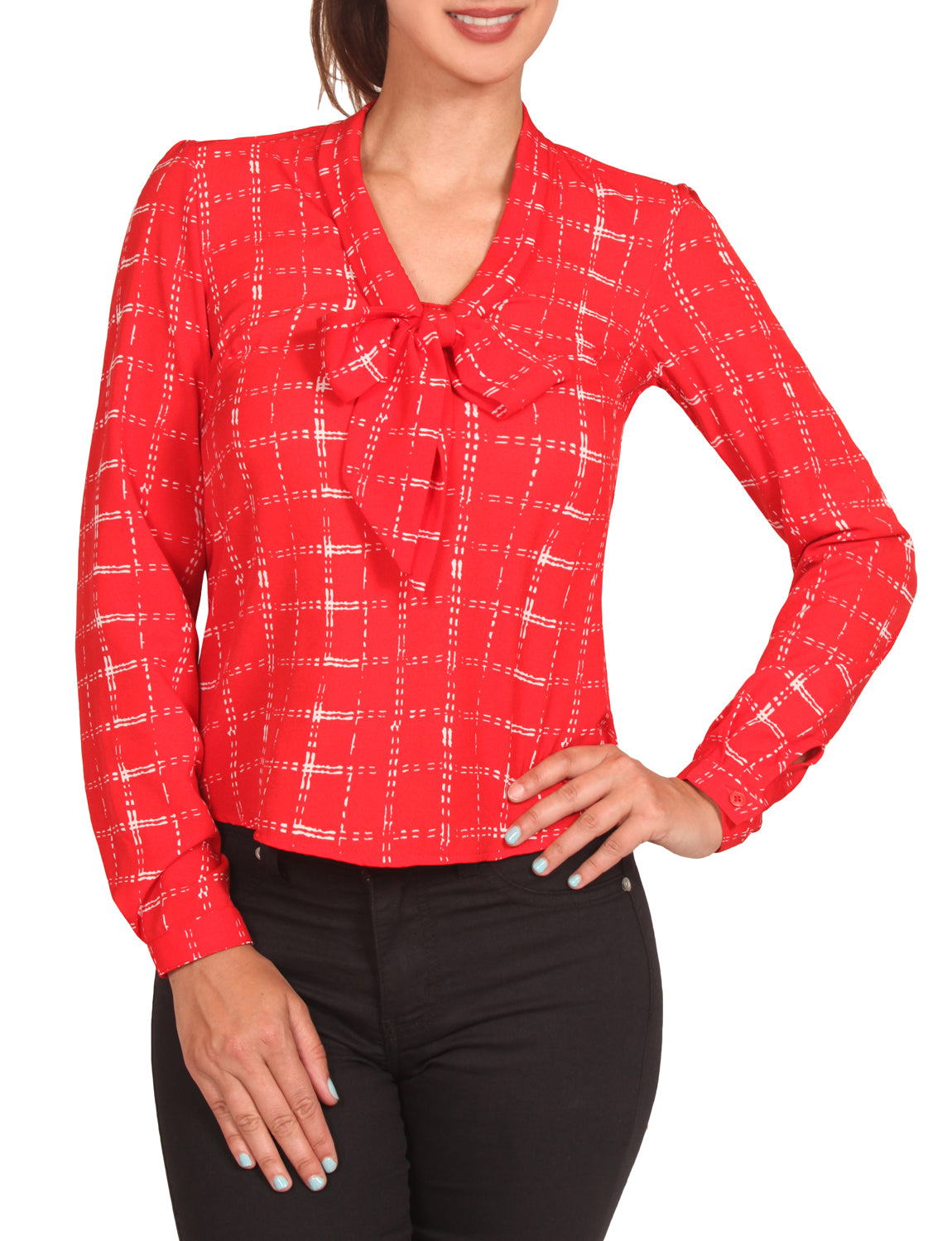 CUFFED LONG SLEEVE PLAID PRINTED FRONT TIE BOW BLOUSE SHIRTS NEWT388