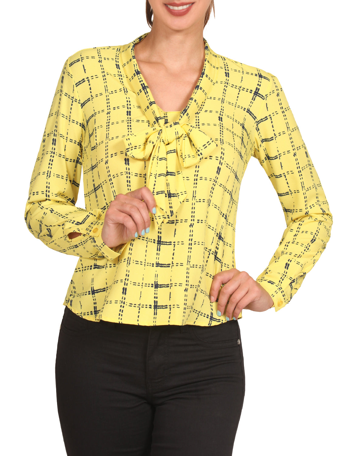 CUFFED LONG SLEEVE PLAID PRINTED FRONT TIE BOW BLOUSE SHIRTS NEWT388