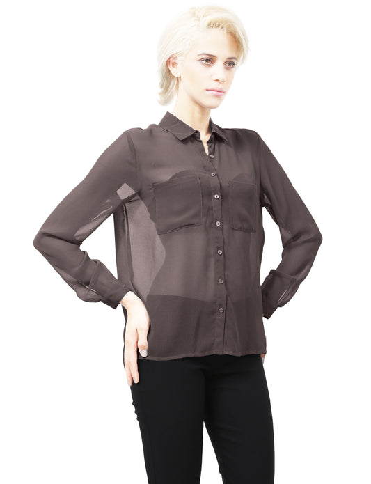 SHEER CHIFFON LONG SLEEVE BUTTON DOWN BLOUSE WITH CHEST POCKETS NEWT91