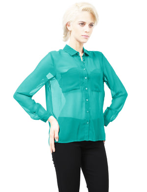 SHEER CHIFFON LONG SLEEVE BUTTON DOWN BLOUSE WITH CHEST POCKETS NEWT91 