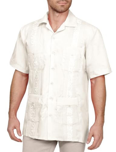 NE PEOPLE Men's Cuban Guayabera Shirt – Short Sleeve Button Down Classic Embroidered 4 Pockets Casual Top NEMT112 Off White 4XL