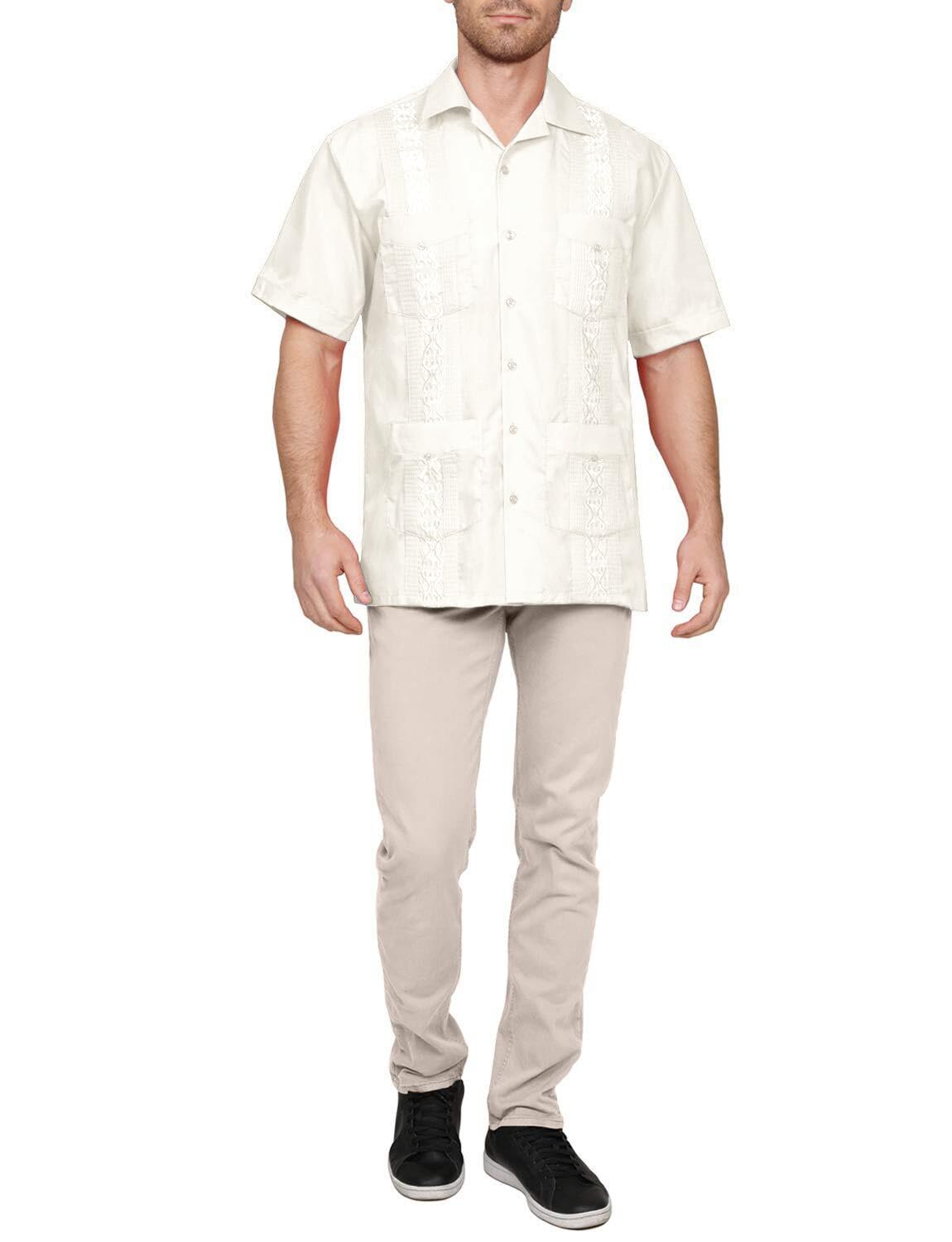 NE PEOPLE Men's Cuban Guayabera Shirt – Short Sleeve Button Down Classic Embroidered 4 Pockets Casual Top NEMT112 Off White 4XL