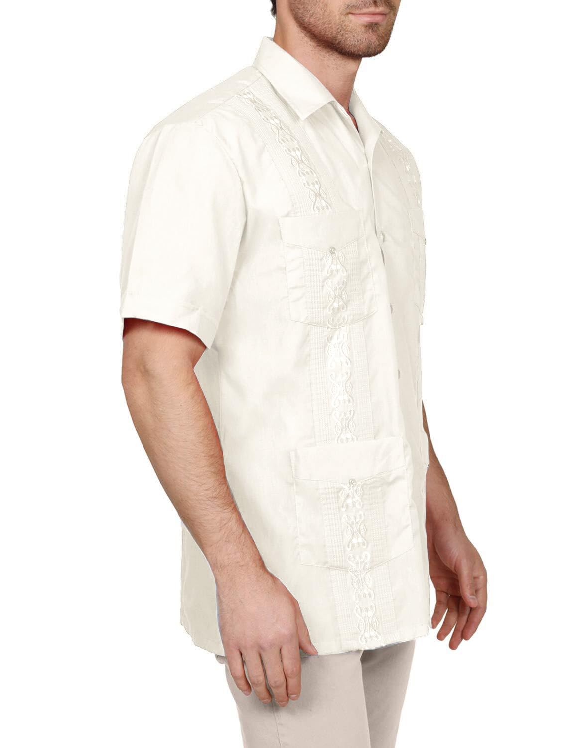 NE PEOPLE Men's Cuban Guayabera Shirt – Short Sleeve Button Down Classic Embroidered 4 Pockets Casual Top NEMT112 Off White 4XL