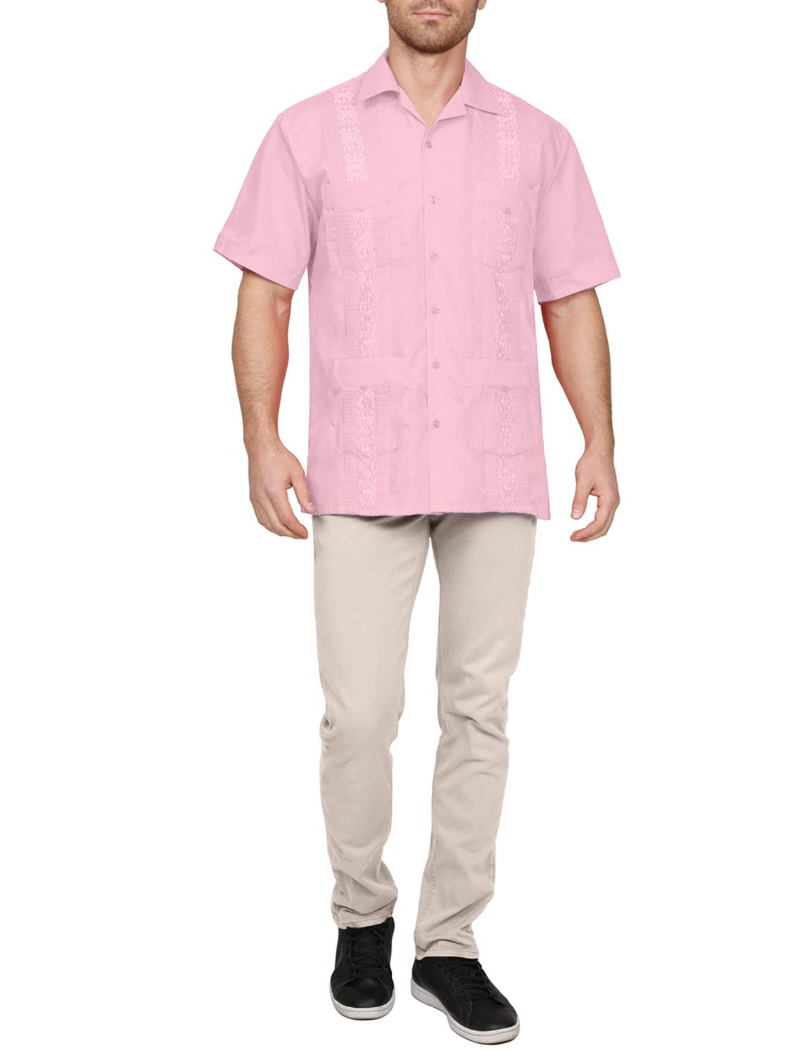 NE PEOPLE Men's Cuban Guayabera Shirt – Short Sleeve Button Down Classic Embroidered 4 Pockets Casual Top NEMT112 Off White 4XL