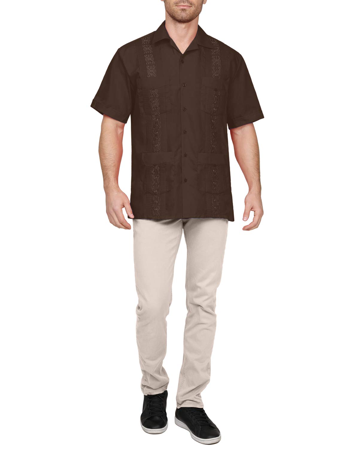 NE PEOPLE Men's Cuban Guayabera Shirt – Short Sleeve Button Down Classic Embroidered 4 Pockets Casual Top NEMT112 Off White 4XL