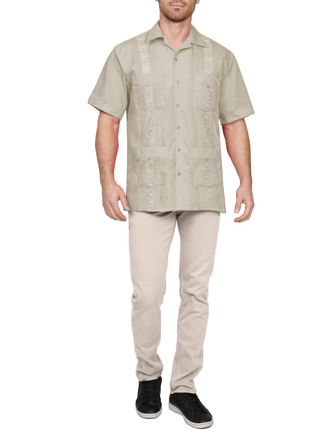 NE PEOPLE Men's Cuban Guayabera Shirt – Short Sleeve Button Down Classic Embroidered 4 Pockets Casual Top NEMT112 Off White 4XL