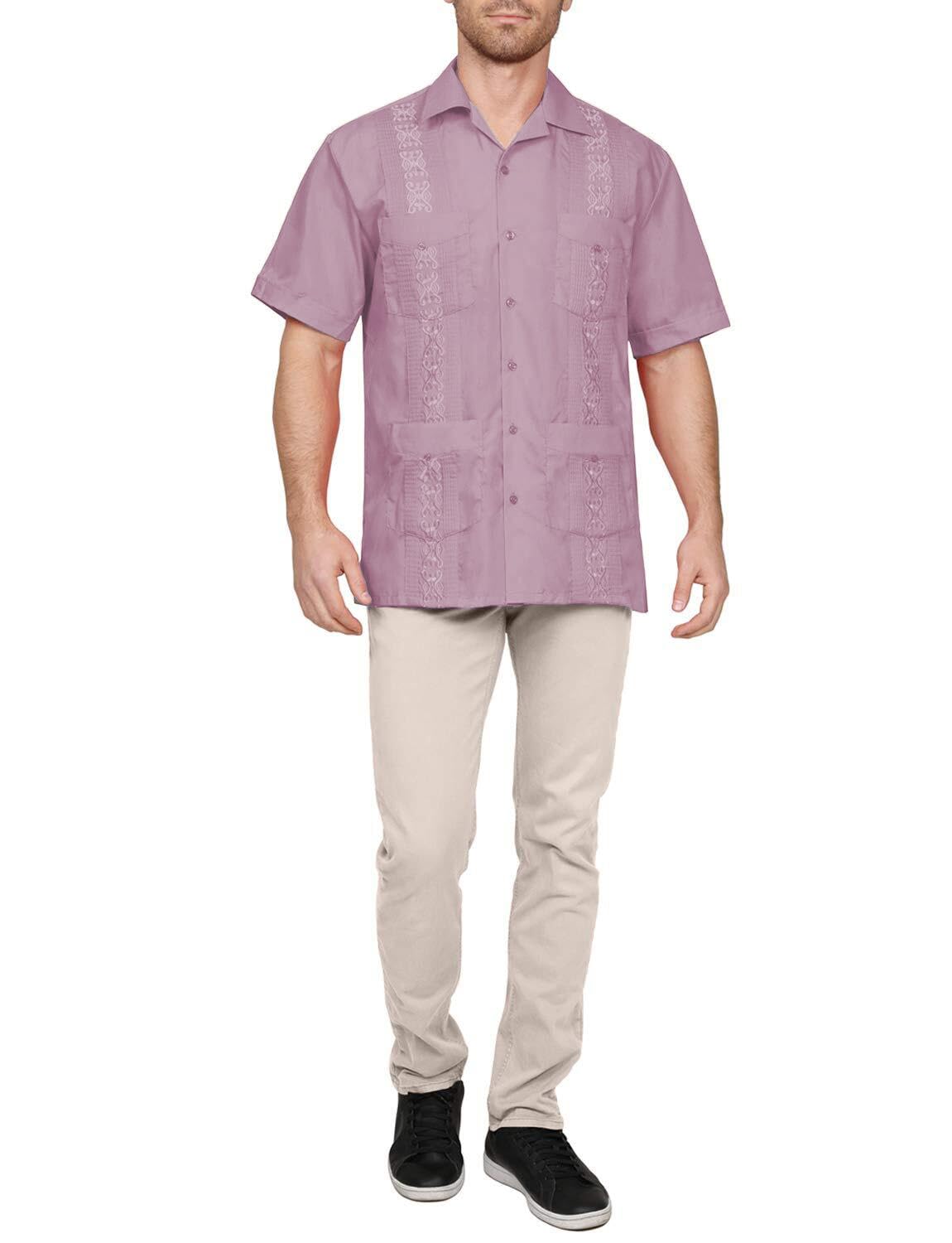 NE PEOPLE Men's Cuban Guayabera Shirt – Short Sleeve Button Down Classic Embroidered 4 Pockets Casual Top NEMT112 Off White 4XL