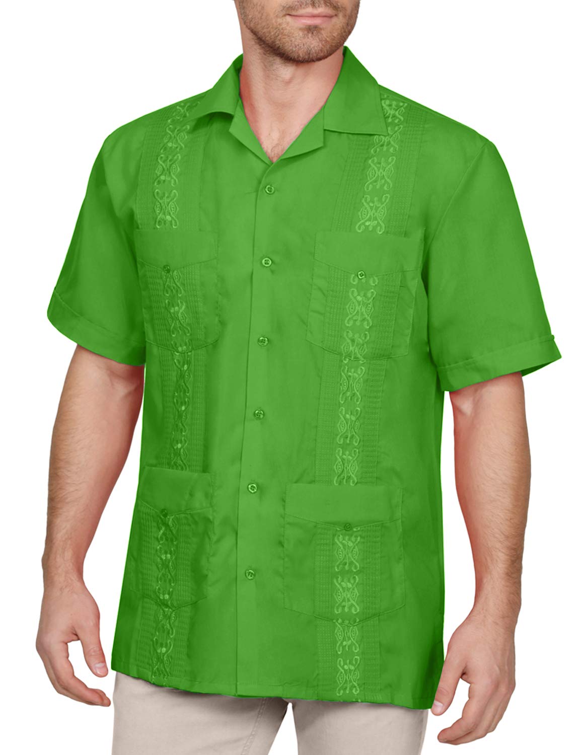 NE PEOPLE Men's Cuban Guayabera Shirt – Short Sleeve Button Down Classic Embroidered 4 Pockets Casual Top NEMT112 Off White 4XL