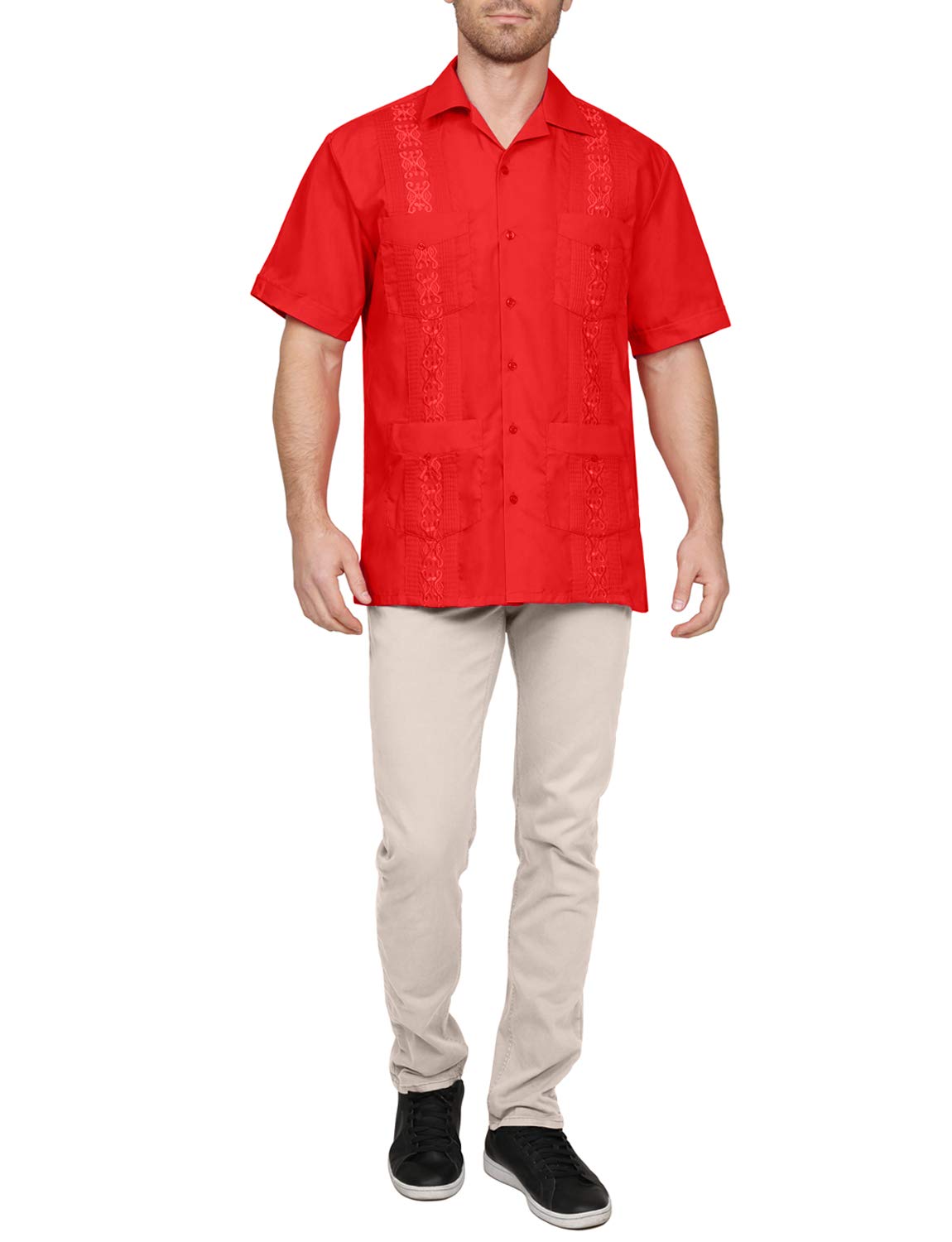 NE PEOPLE Men's Cuban Guayabera Shirt – Short Sleeve Button Down Classic Embroidered 4 Pockets Casual Top NEMT112 Off White 4XL
