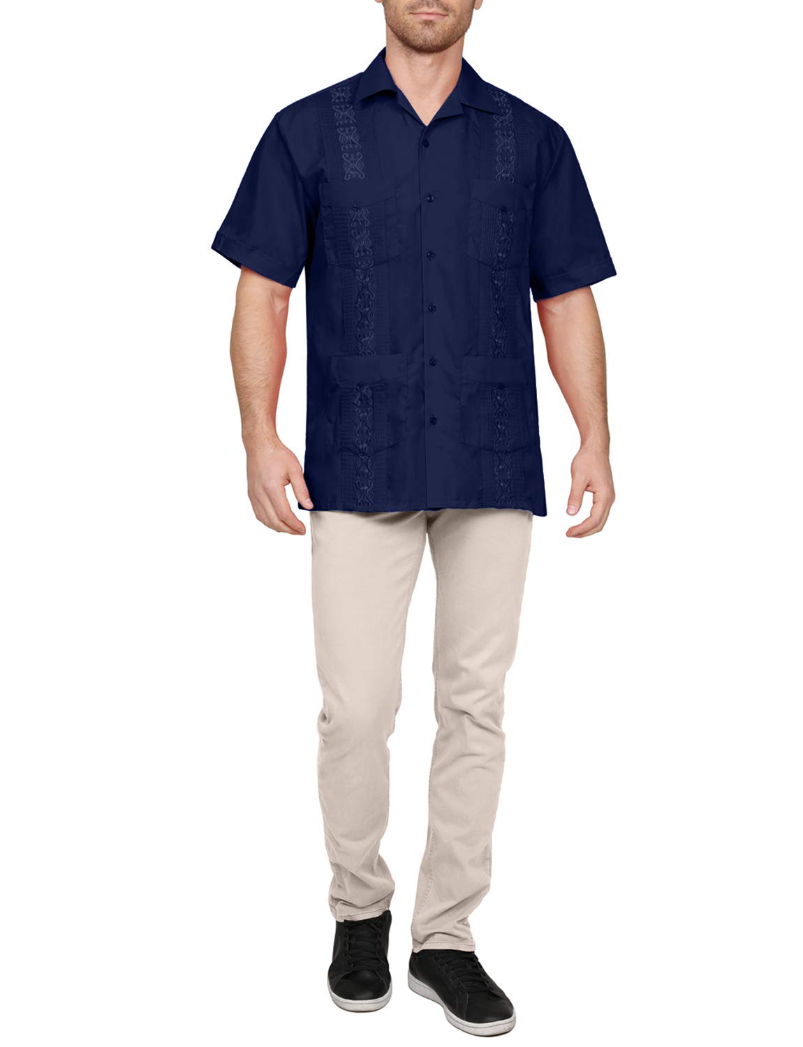 NE PEOPLE Men's Cuban Guayabera Shirt – Short Sleeve Button Down Classic Embroidered 4 Pockets Casual Top NEMT112 Off White 4XL