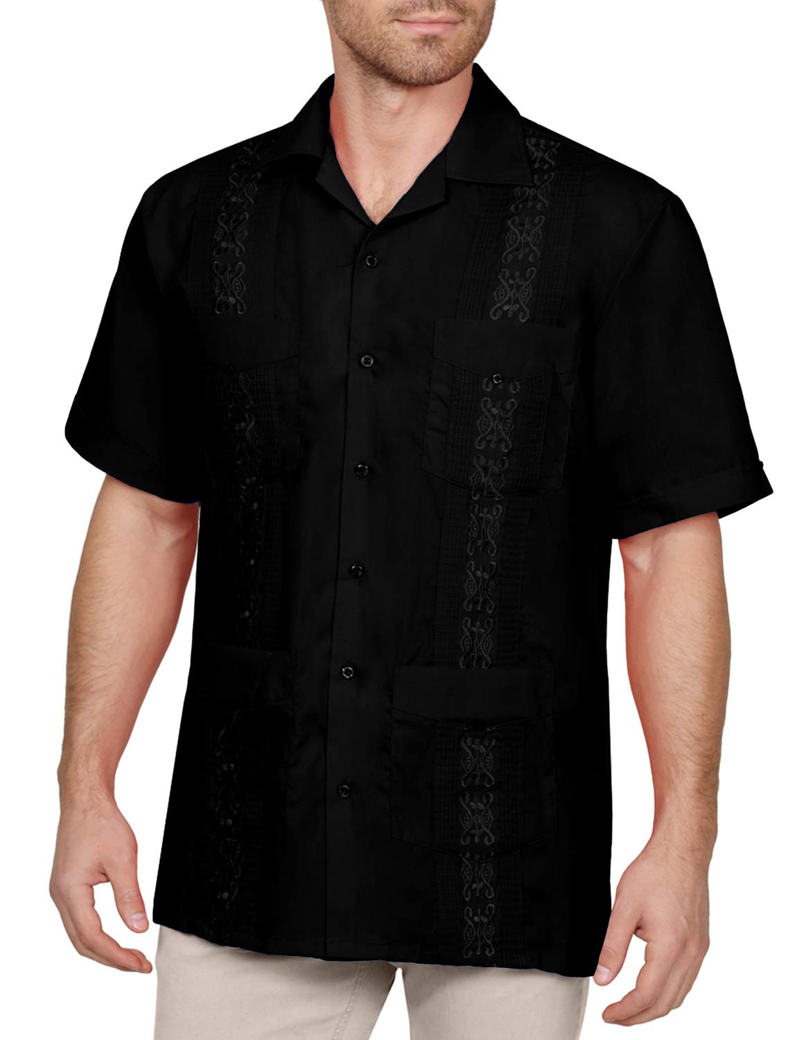 NE PEOPLE Men's Cuban Guayabera Shirt – Short Sleeve Button Down Classic Embroidered 4 Pockets Casual Top NEMT112 Off White 4XL