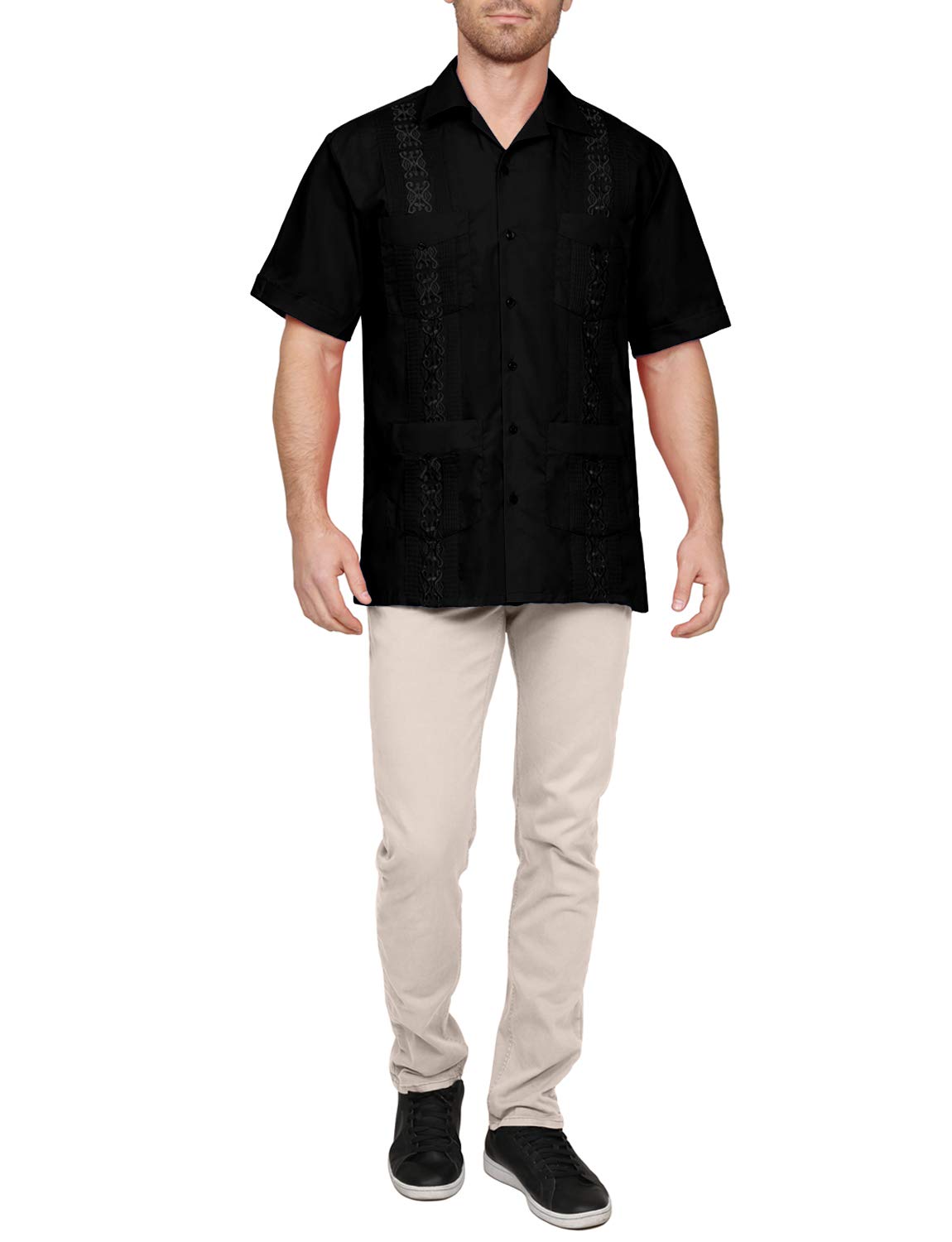 NE PEOPLE Men's Cuban Guayabera Shirt – Short Sleeve Button Down Classic Embroidered 4 Pockets Casual Top NEMT112 Off White 4XL