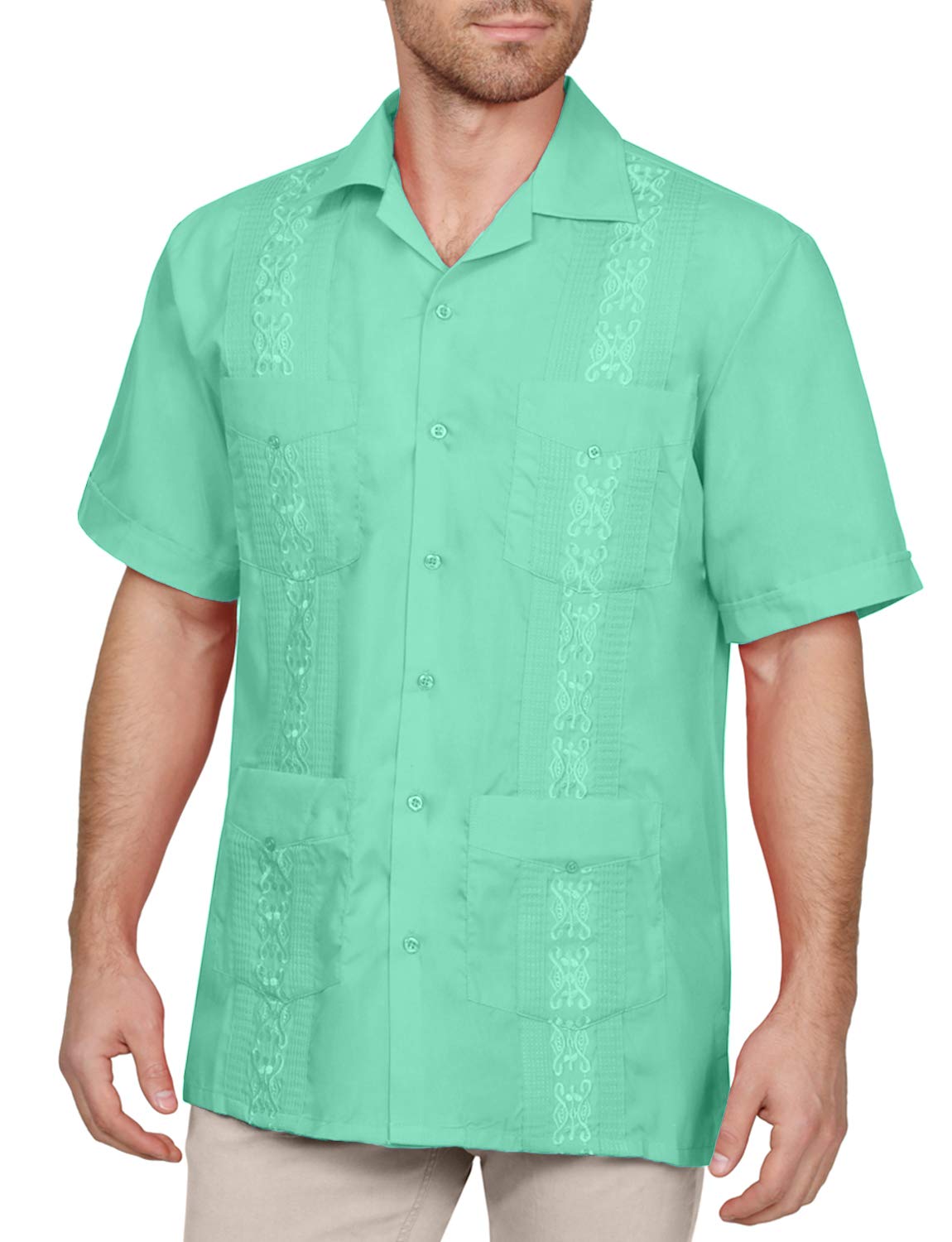 NE PEOPLE Men's Cuban Guayabera Shirt – Short Sleeve Button Down Classic Embroidered 4 Pockets Casual Top NEMT112 Off White 4XL