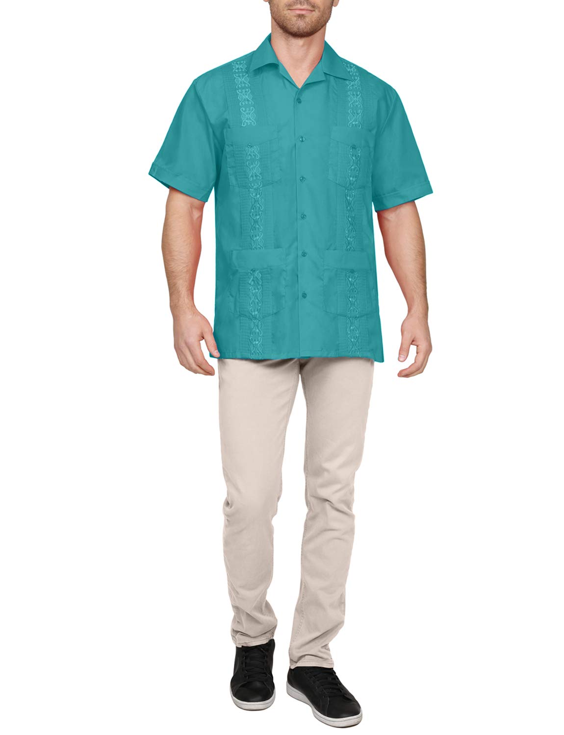NE PEOPLE Men's Cuban Guayabera Shirt – Short Sleeve Button Down Classic Embroidered 4 Pockets Casual Top NEMT112 Off White 4XL