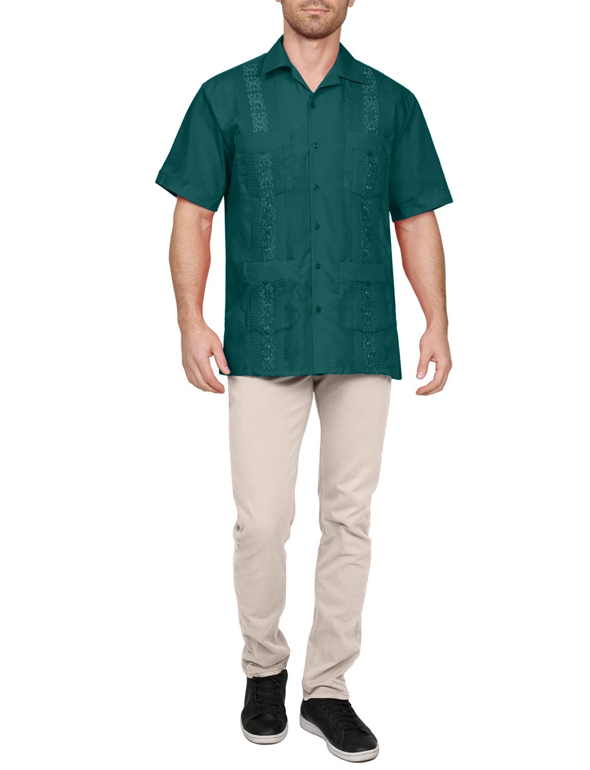 NE PEOPLE Men's Cuban Guayabera Shirt – Short Sleeve Button Down Classic Embroidered 4 Pockets Casual Top NEMT112 Off White 4XL