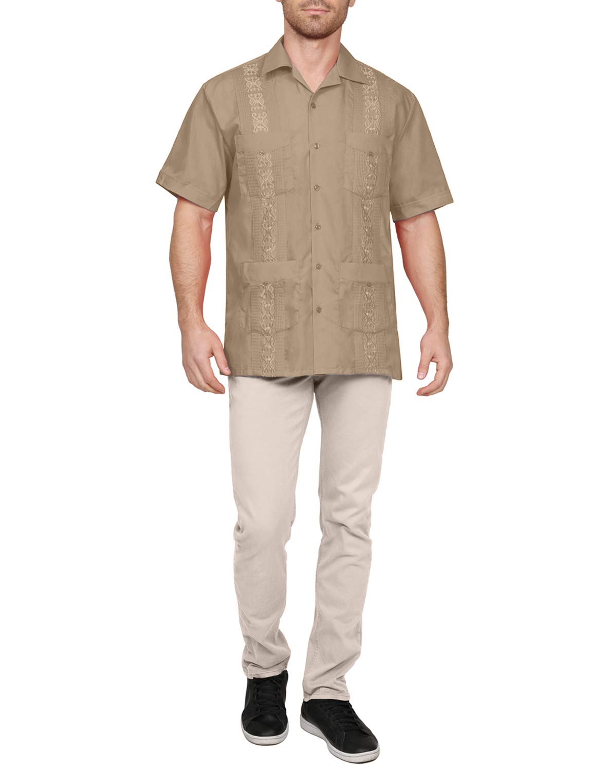 NE PEOPLE Men's Cuban Guayabera Shirt – Short Sleeve Button Down Classic Embroidered 4 Pockets Casual Top NEMT112 Off White 4XL